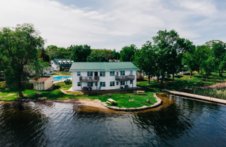 The Bayview cottage as seen from a drone flying above Pigeon Lake
